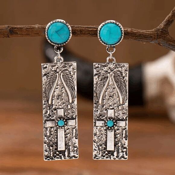 Western Boho Turquoise Cross Dangle Earrings - Picture 1 of 5